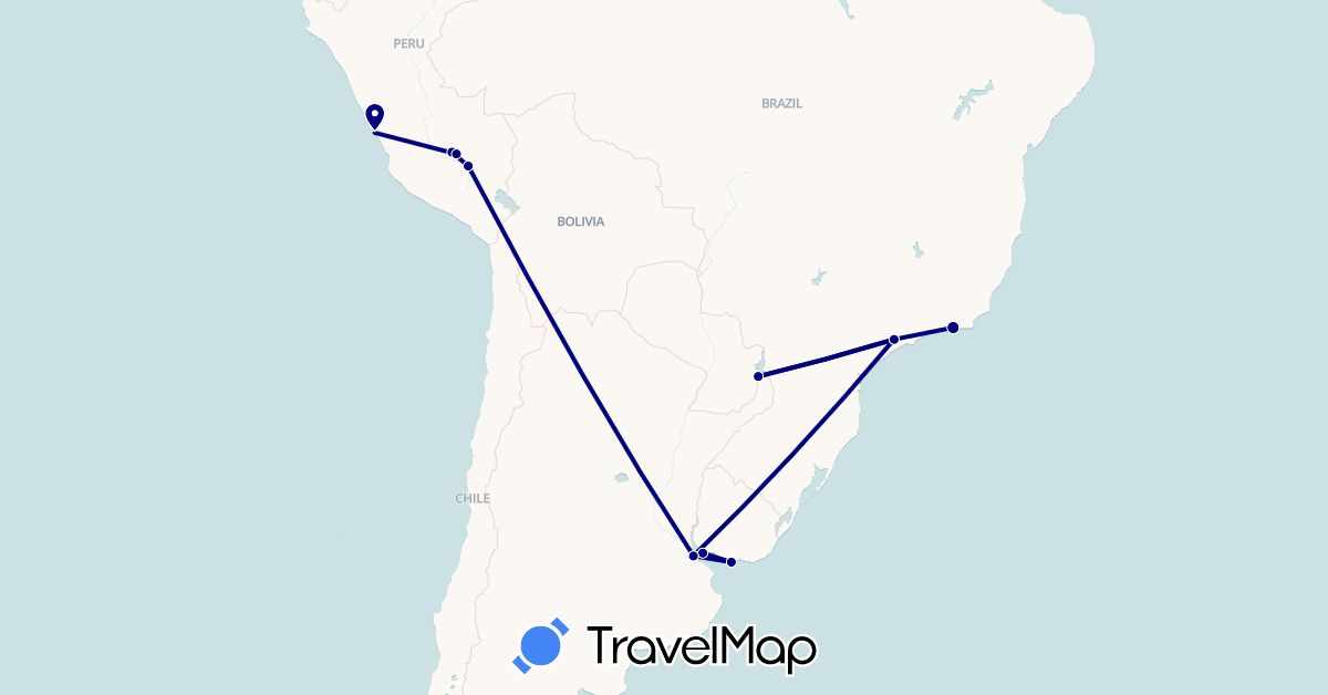 TravelMap itinerary: driving in Argentina, Brazil, Peru, Uruguay (South America)